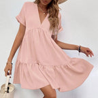 Solid V-Neck Loose-Waist Midi Dress WE4U