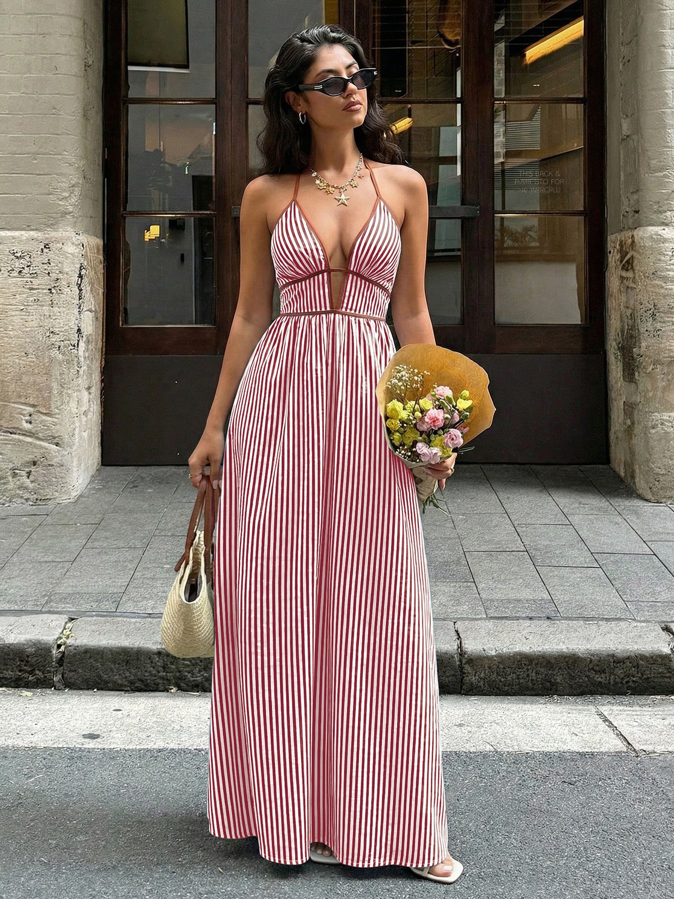 Summer V neck Striped Holiday Dress Elegant Backless Sleeveless Halter Maxi Dress Women
