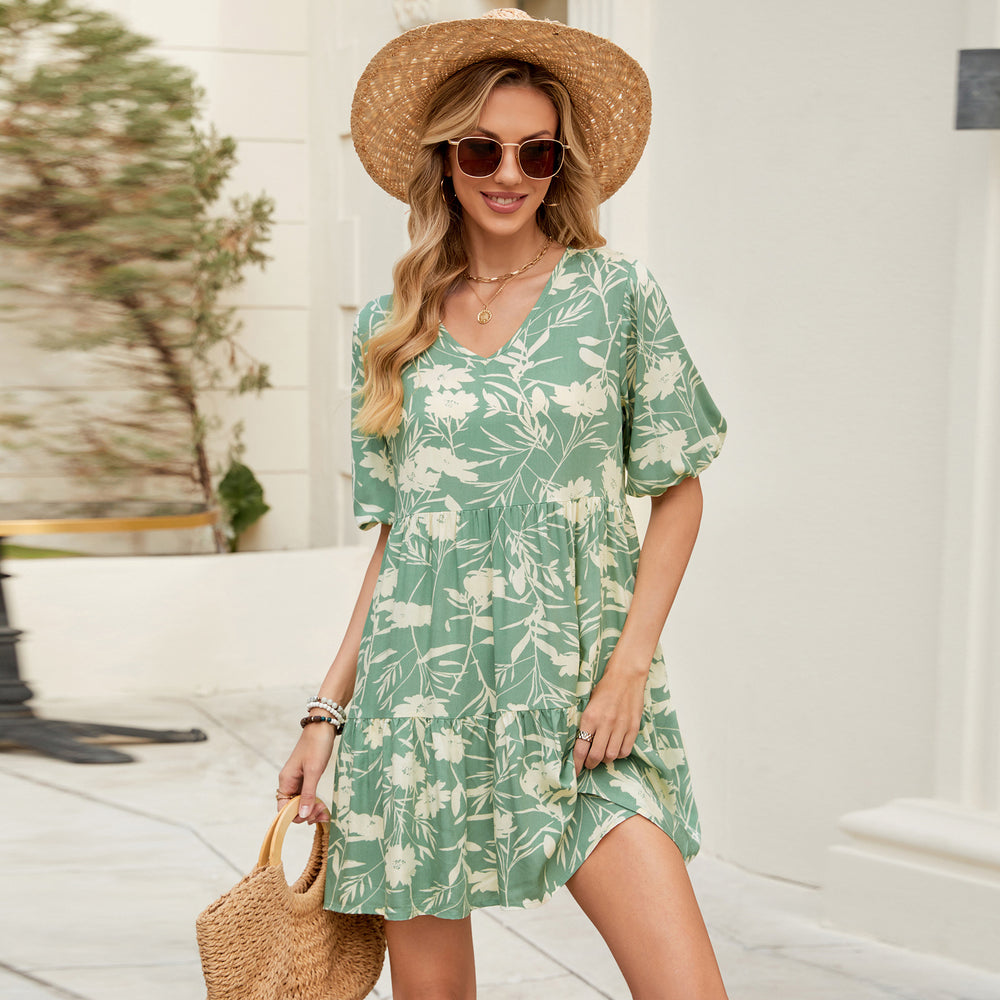 Floral V-Neck Puff Sleeve Holiday Dress