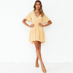 Spring Summer New V-neck Flared Short Sleeve Printed Pleated Large Swing Dress Women Clothing