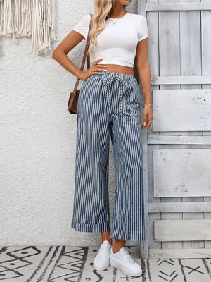 Summer Women Clothing Striped High Waist Casual Cropped Pants
