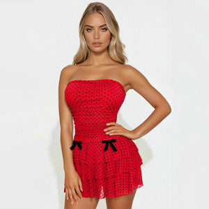 Summer Women Clothing Sexy Polka Dot Bandeau Slim Fit Ruffled Sheath Dress
