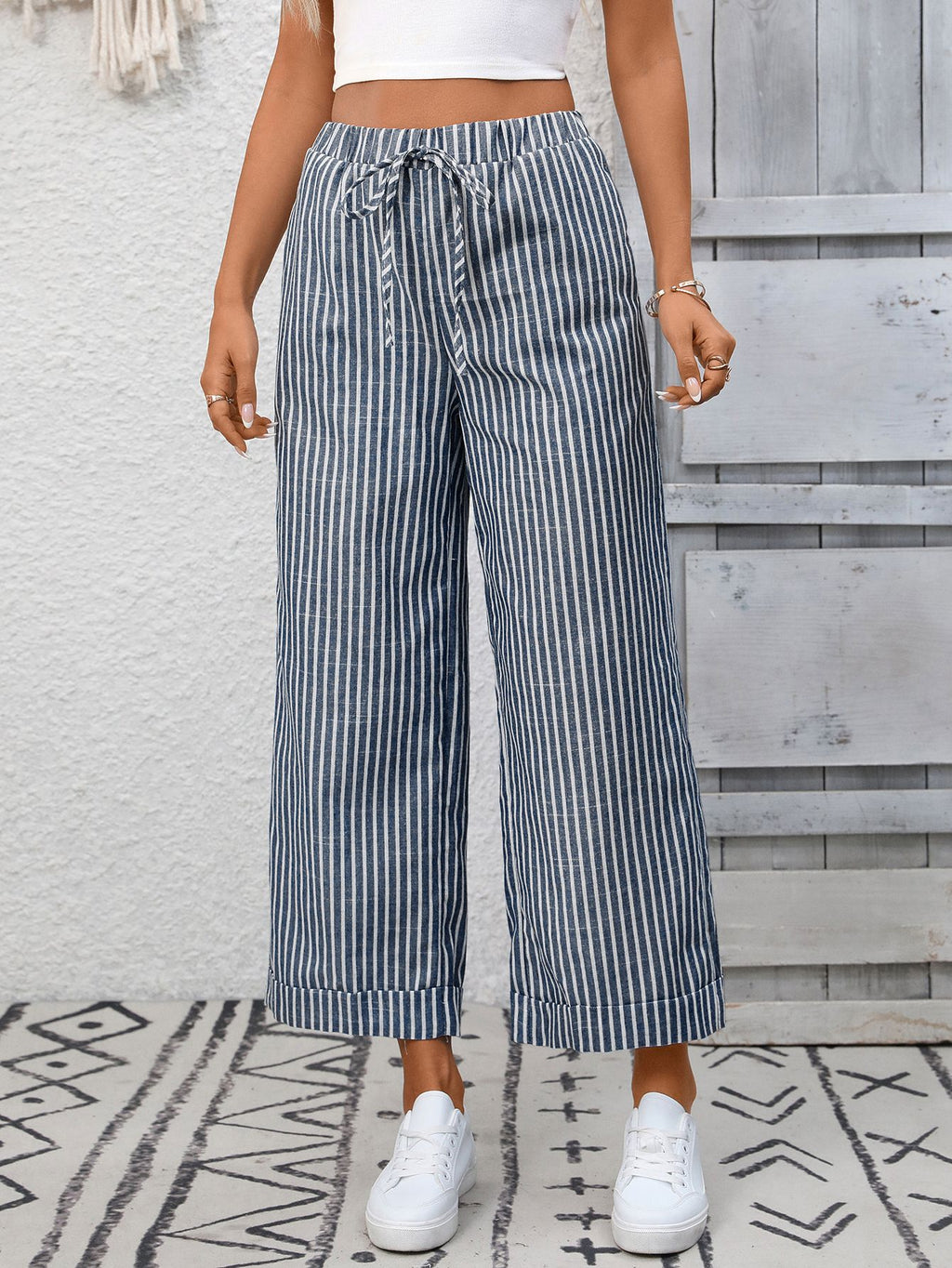 Summer Women Clothing Striped High Waist Casual Cropped Pants