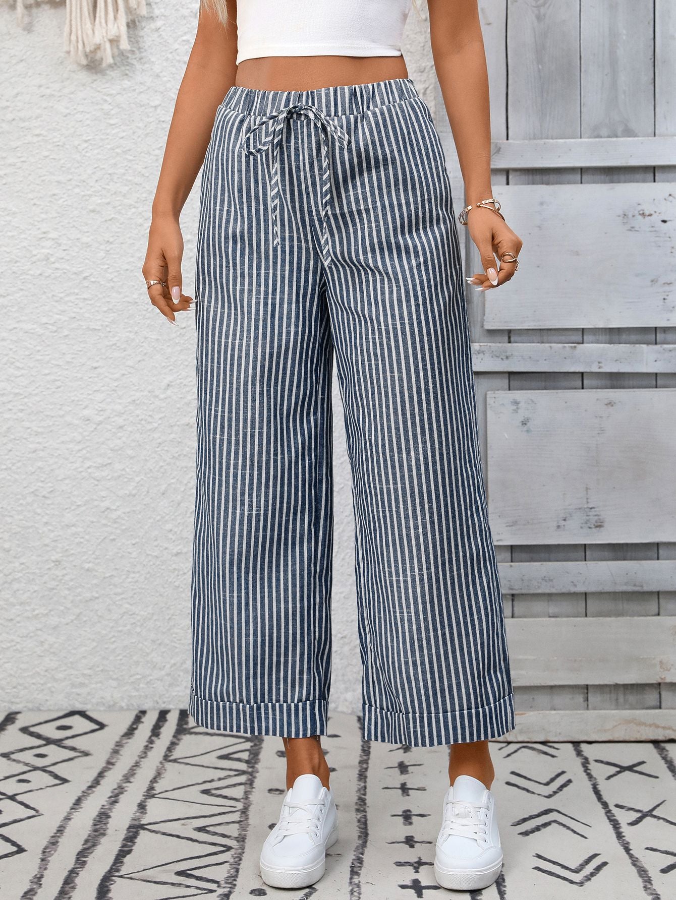 Summer Women Clothing Striped High Waist Casual Cropped Pants