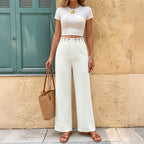 White Patchwork Lace Cutout Wide-Leg Pants WE4U