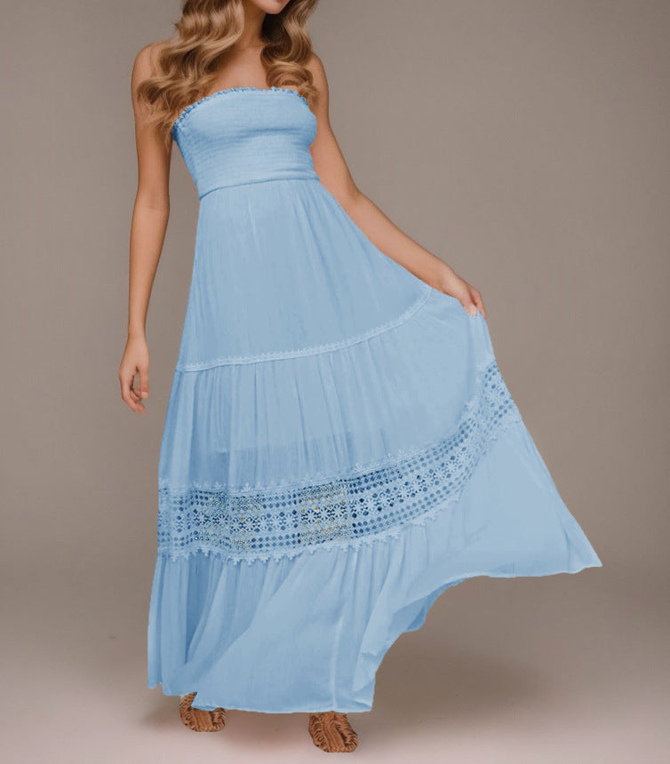 Solid Color Tube Top Hem Long Sleeveless Retro Bohemian Waist Tight Dress