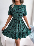 Polka Dot Cinched Ruffle Swing Dress WE4U