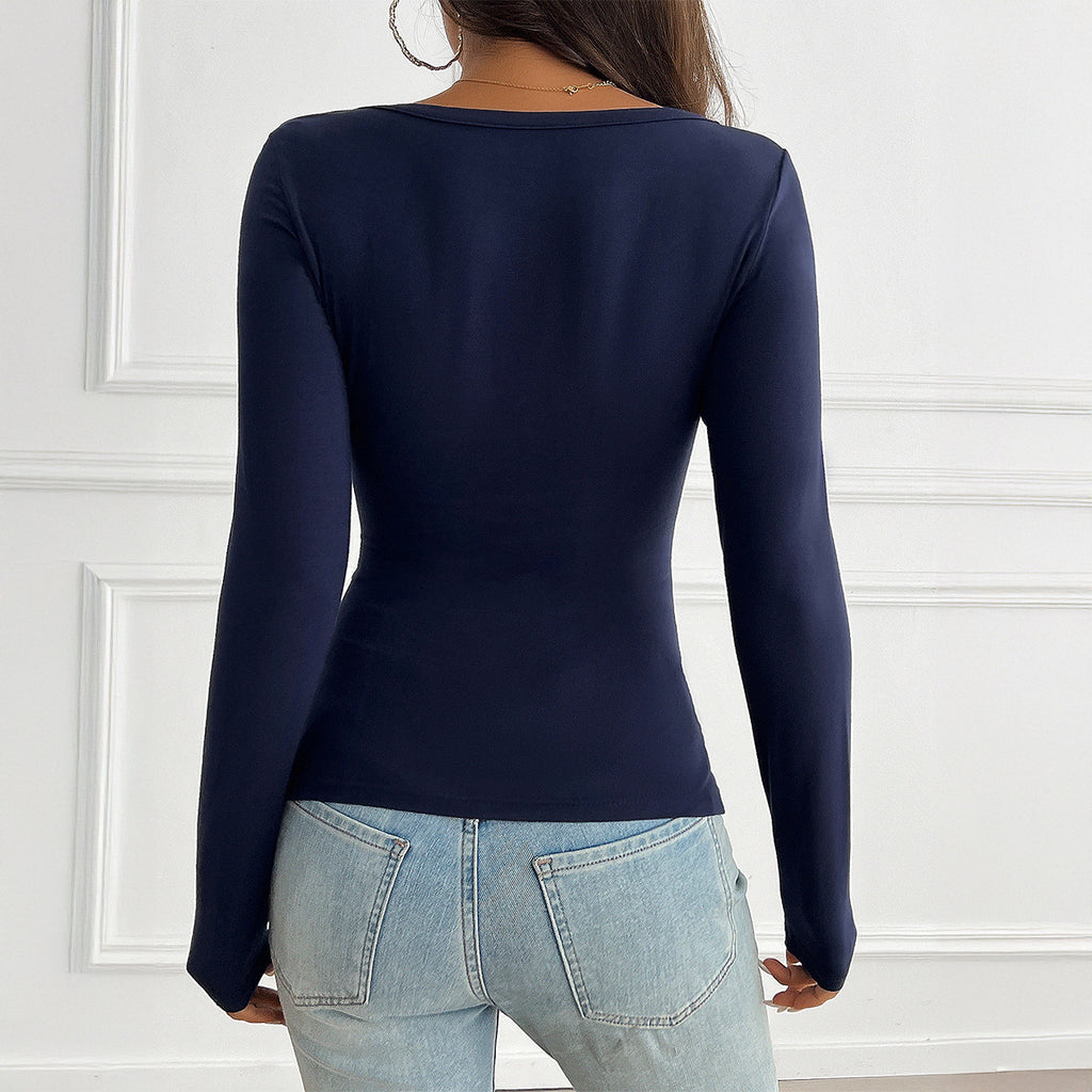Ruched Button V-Neck Long Sleeve Knit Top