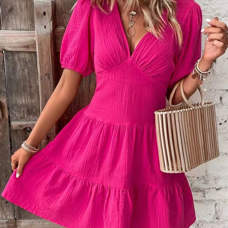 Women Short Sleeve Cinched Waist Slim Fit Big Swing Dress Rose Red Tiered Dress Ruffled