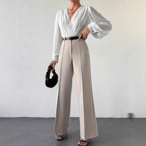 High Waist Slimming Straight Casual Trousers Side Pocket French Office Business Trousers