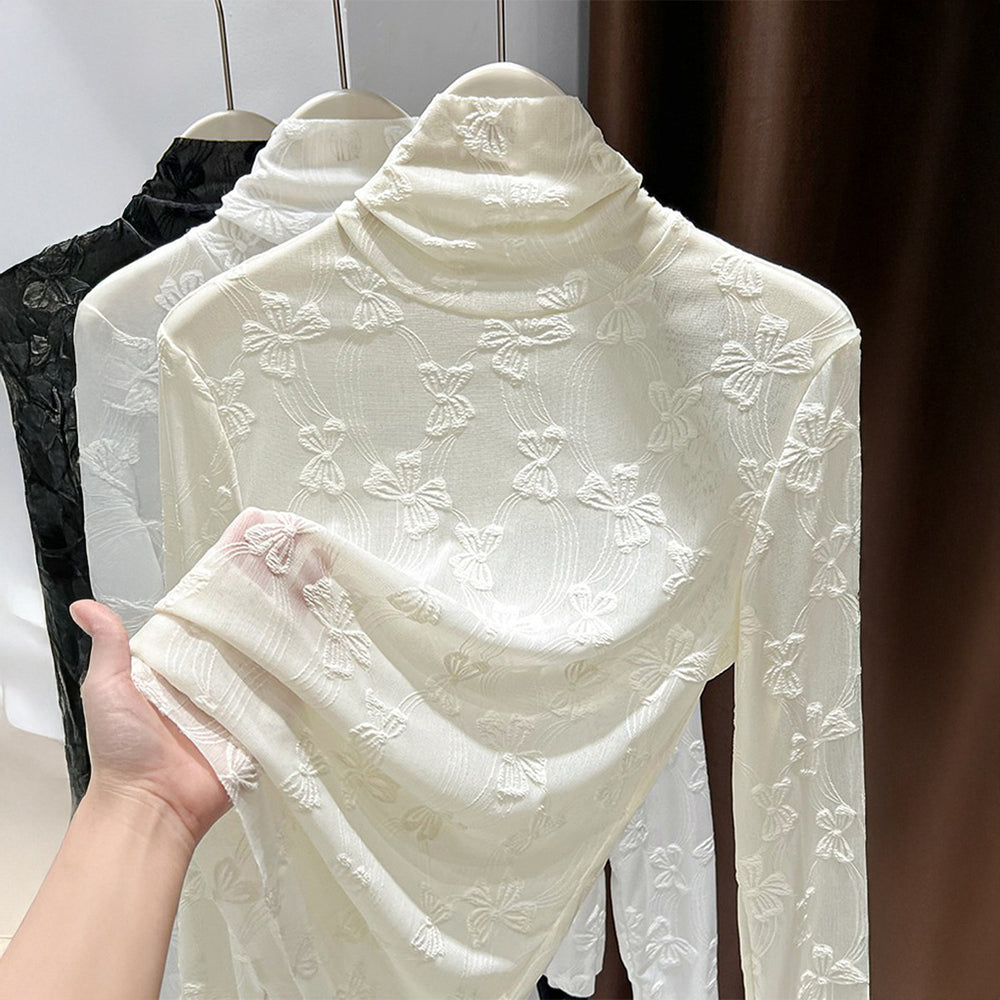 Lace Bow High-Neck Long Sleeve Top