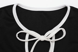 Women Wear round Neck Short Sleeve Lace up Contrast Color Simple Slim Fit All Match Dress Lotus Leaf Dress Women