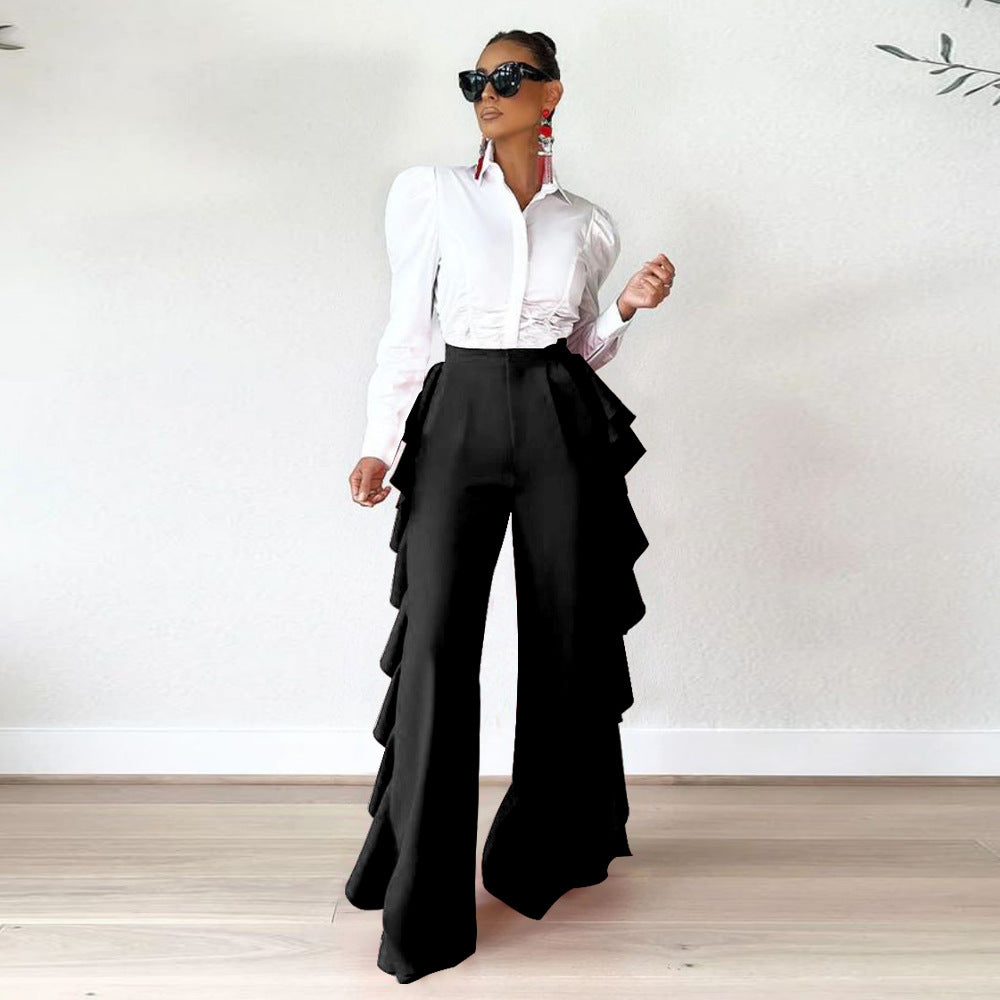 Women Ruffled High Waist Wide Leg Pants