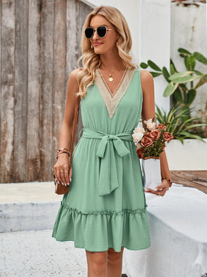 Summer Lace V neck Bubble Lace up Dress Women