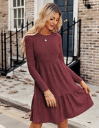 Pocket Crew-Neck Long Sleeve Midi Dress WE4U