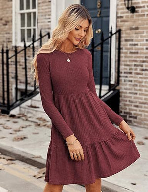 Women Clothing Round Neck Pocket Casual Knee Length Sweater Long Sleeve Dress