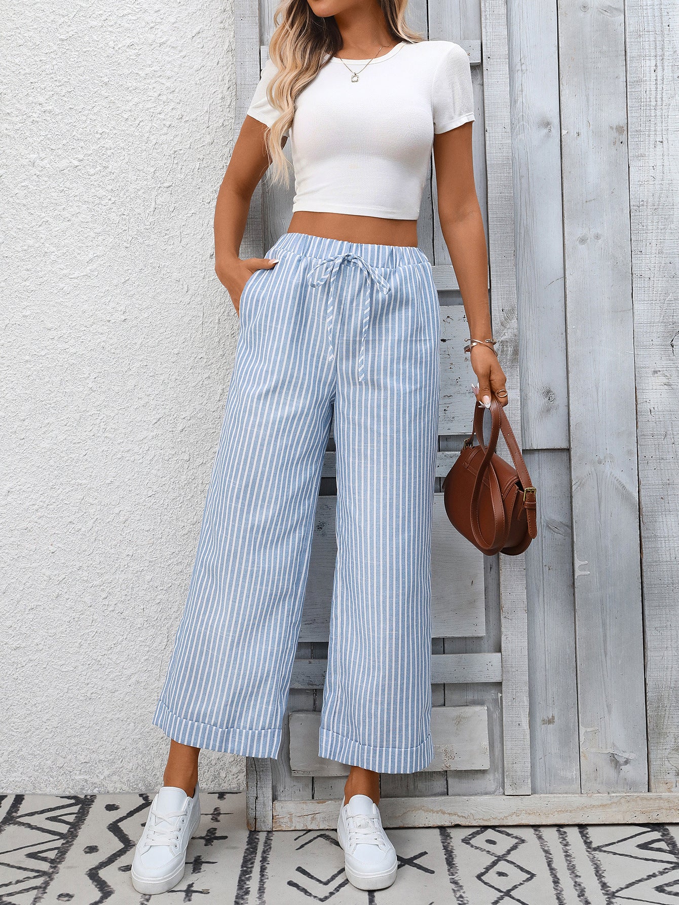Summer Women Clothing Striped High Waist Casual Cropped Pants
