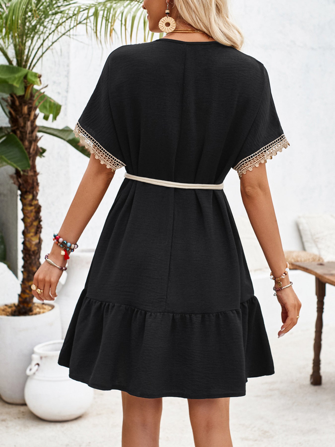 Summer Lace V neck Bubble Lace up Dress