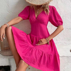 Women Short Sleeve Cinched Waist Slim Fit Big Swing Dress Rose Red Tiered Dress Ruffled