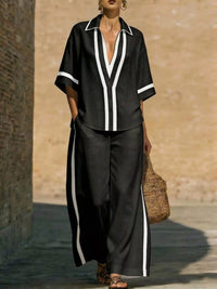 Full Size Contrast Trim Top and Pants Set Plus Size Thumbnail 3