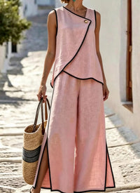 Contrast Trim Top and Slit Pants Set Thumbnail 9