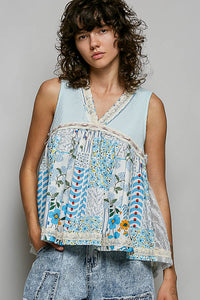 POL Floral V-Neck Sheer Tank with Lace Trim Thumbnail 1