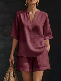 Full Size Notched Half Sleeve Top and Shorts Set Plus Size Thumbnail 8