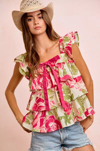 BiBi Floral Print Woven Bow Tie Ruffle Square Neck Top Thumbnail 6