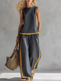 Full Size Contrast Stripe Sleeveless Top & Wide-Leg Pants Set Plus Size Thumbnail 1