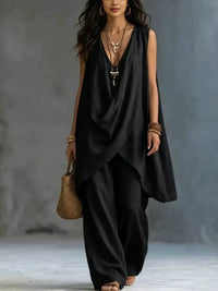 Sleeveless Asymmetrical Top and Wide-Leg Pants Set Thumbnail 4
