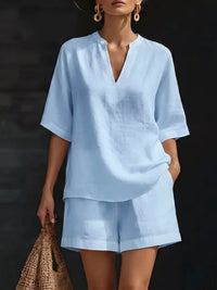 Full Size Notched Half Sleeve Top and Shorts Set Plus Size Thumbnail 7