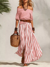 Off Shoulder Top and Striped Maxi Skirt Set Thumbnail 9