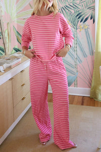 Stripe Drop Shoulder Round Neck Top and Buttoned Straight Pants Two Piece Set Thumbnail 5