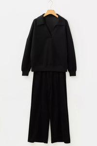 Collared V Neck Pullover Sweatshirt Sweatpants Set Thumbnail 8