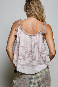 POL Tassel Shoulder Tie Embroidered Sleeveless Woven Top Thumbnail 3