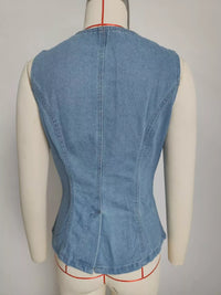 Sleeveless Button-Front Vest and Pants Denim Set Thumbnail 11
