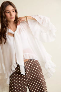 Sheer Ruffle Bell Sleeve Bow Tie Blouse Thumbnail 7
