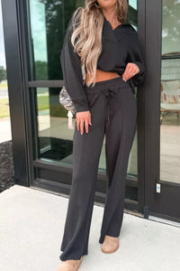 Collared V Neck Pullover Sweatshirt Sweatpants Set Thumbnail 4