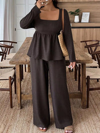 Plus Size Square Neck Long Sleeve Top and Pants Two-Piece Set Thumbnail 2