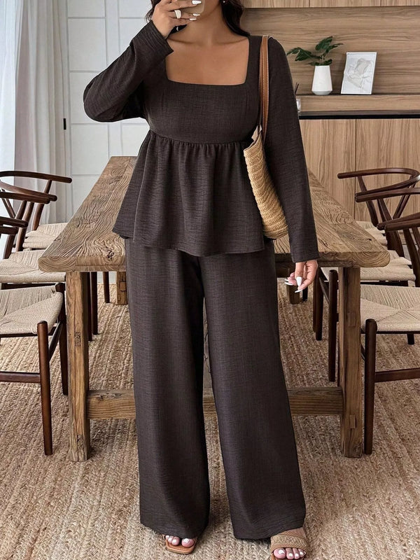 Plus Size Square Neck Long Sleeve Top and Pants Two-Piece Set - Alternate View - WE4U Fashion USA