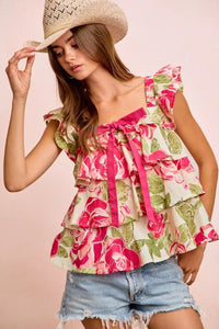 BiBi Floral Print Woven Bow Tie Ruffle Square Neck Top Thumbnail 2