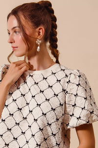 SO ME Bow Texture Woven Bubble Sleeve Top Thumbnail 10