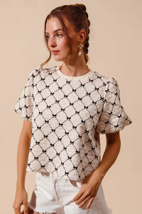 SO ME Bow Texture Woven Bubble Sleeve Top Thumbnail 2