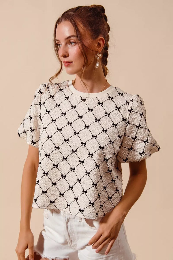 SO ME Bow Texture Woven Bubble Sleeve Top - Alternate View - WE4U Fashion USA