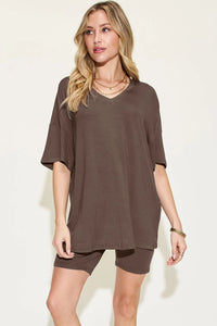 Basic Bae Full Size V-Neck Drop Shoulder T-Shirt and Shorts Set Thumbnail 17