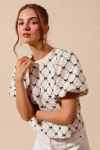 SO ME Bow Texture Woven Bubble Sleeve Top Thumbnail 6