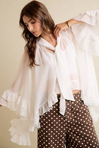 Sheer Ruffle Bell Sleeve Bow Tie Blouse Thumbnail 4