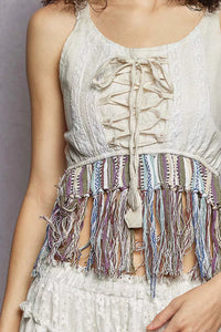POL Lace-Up Fringe Hem Tank with Lace Detail Thumbnail 6