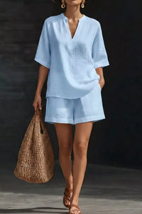 Notched Half Sleeve Top and Shorts Set Thumbnail 10