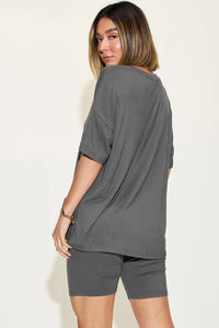 Basic Bae Full Size V-Neck Drop Shoulder T-Shirt and Shorts Set Thumbnail 29